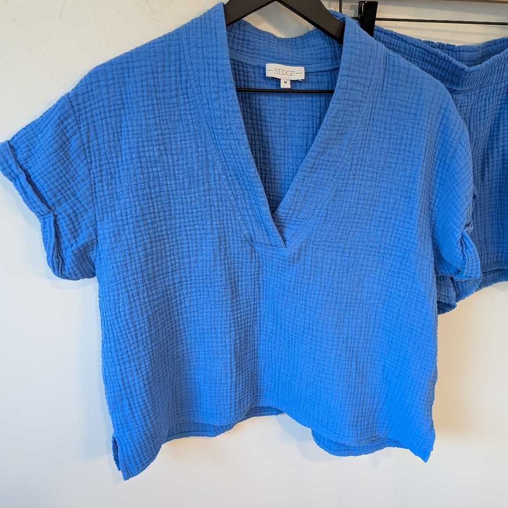 S'EDGE Blue Gauze Cotton Matching Lounge Set Coco Top Holden Shorts Medium - Picture 2 of 11